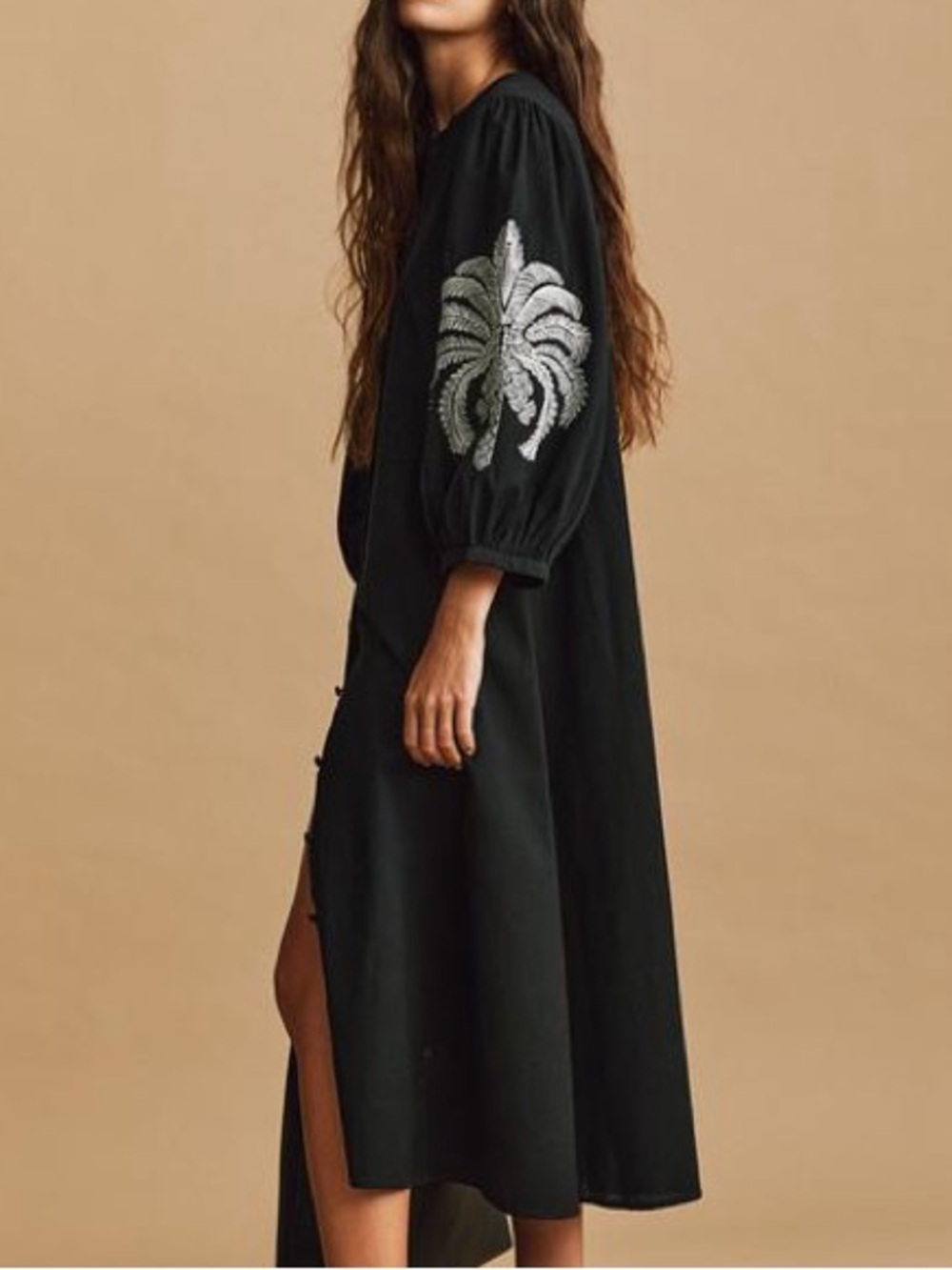 H&M Black Cotton Button-Down Midi Shirt Dress with White Palm Sleeve Embroidered